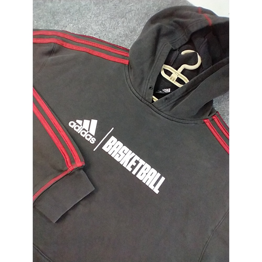 Adidas Basketball Hoodie Mens Large Black Red 3-Stripe Pullover Sweatshirt Comfy